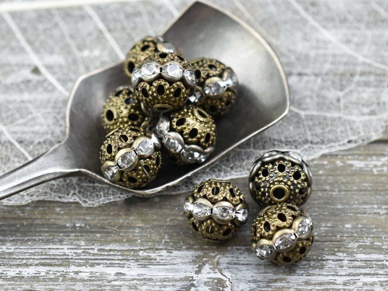 Antique Bronze Rhinestone Filigree Round Beads -- Choose Your Size